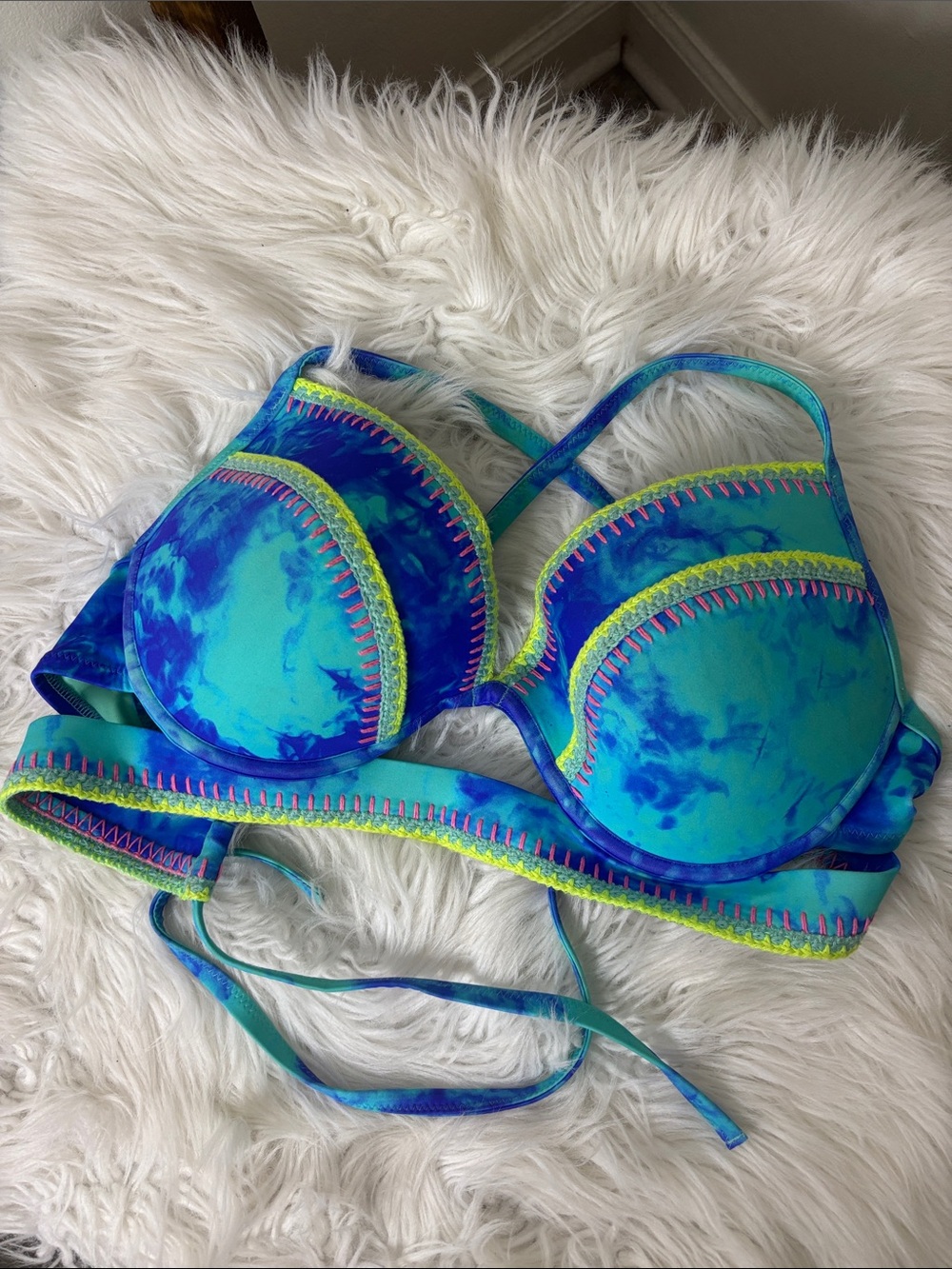 Shade and Shore Blue-Green Tie-Dye Push-Up Bikini Top Size 38C